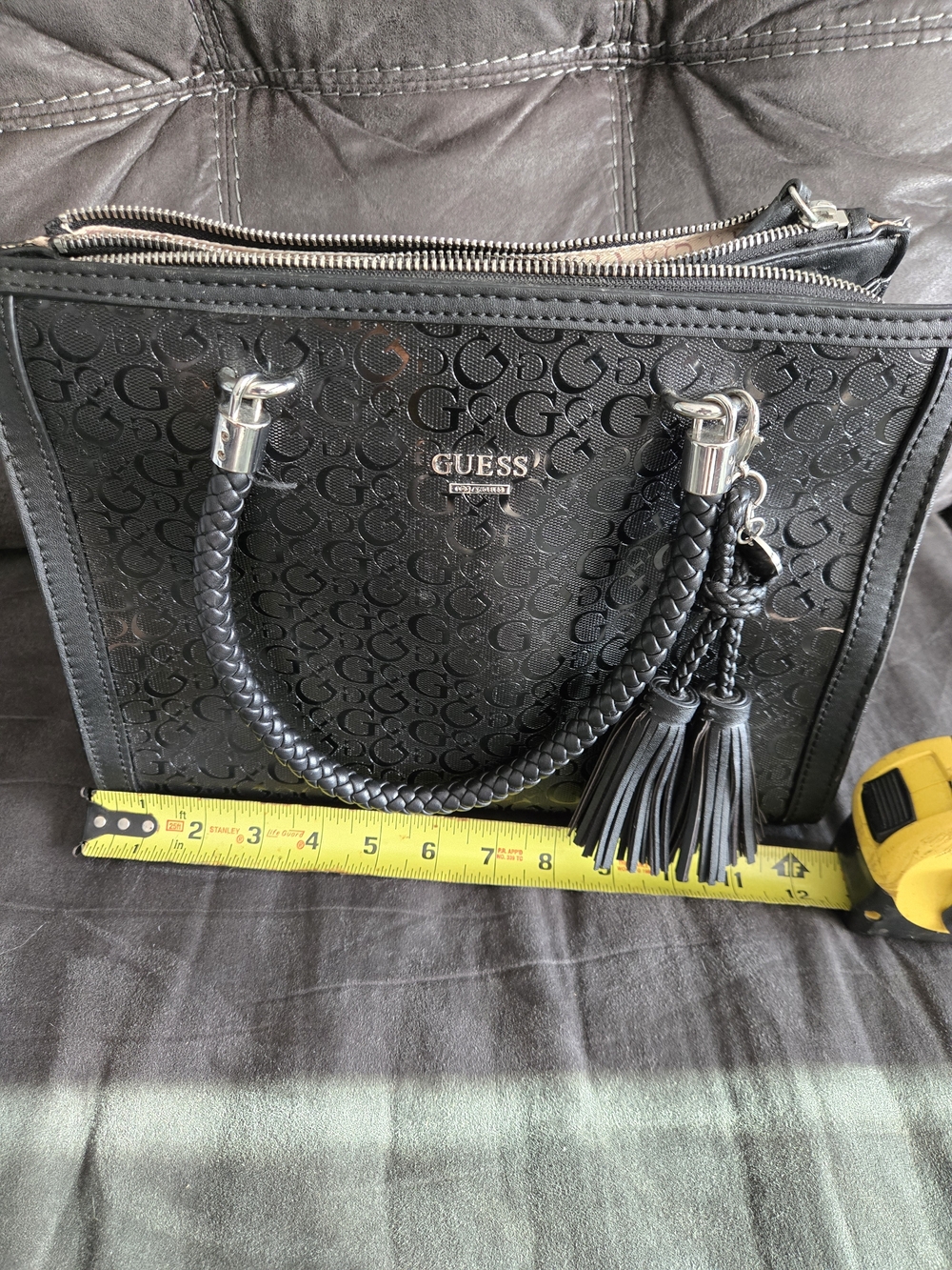 GUESS Black Logo-Print Tote with Braided Handles and Tassels